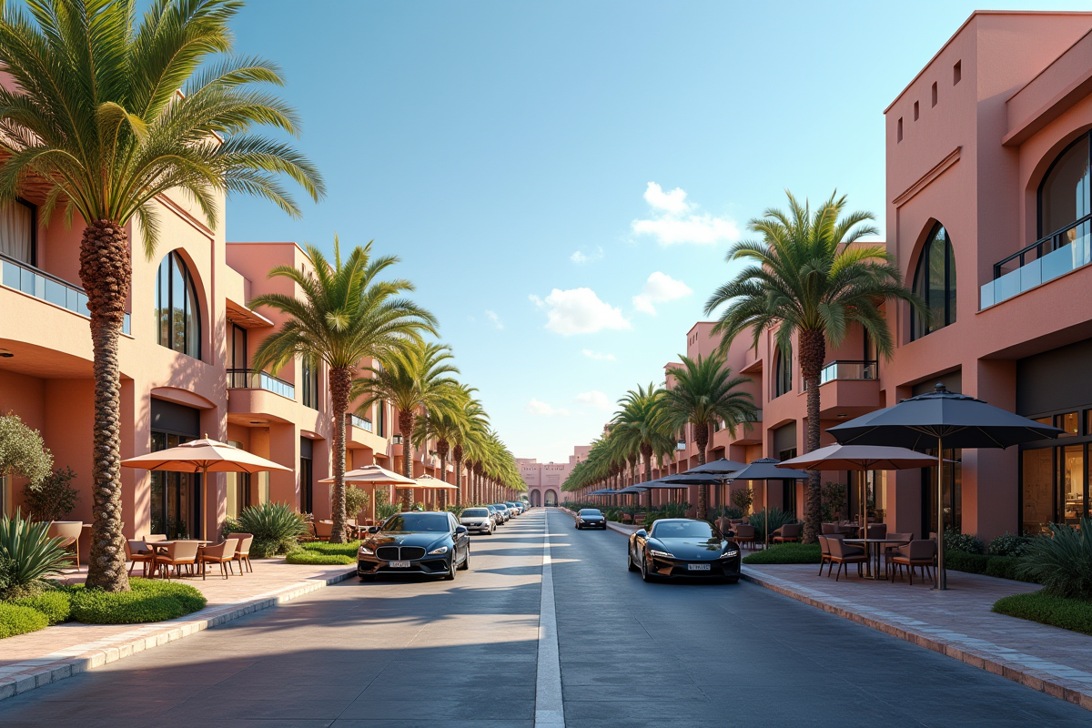Rue élégante dans le Hivernage à Marrakech avec villas et voitures