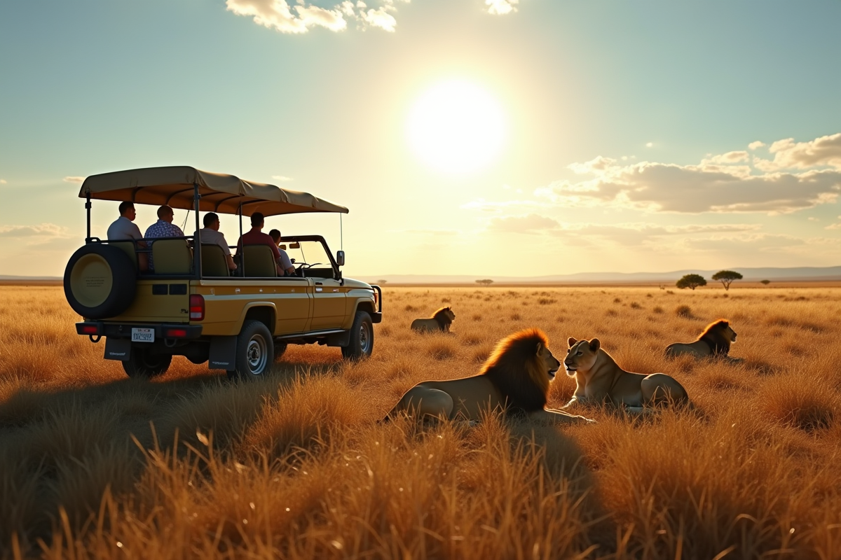 Jeep de safari avec touristes observant des lions au soleil