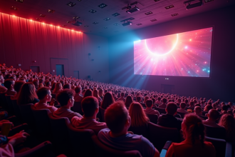 Salle de cinéma pleine avec public regardant un film