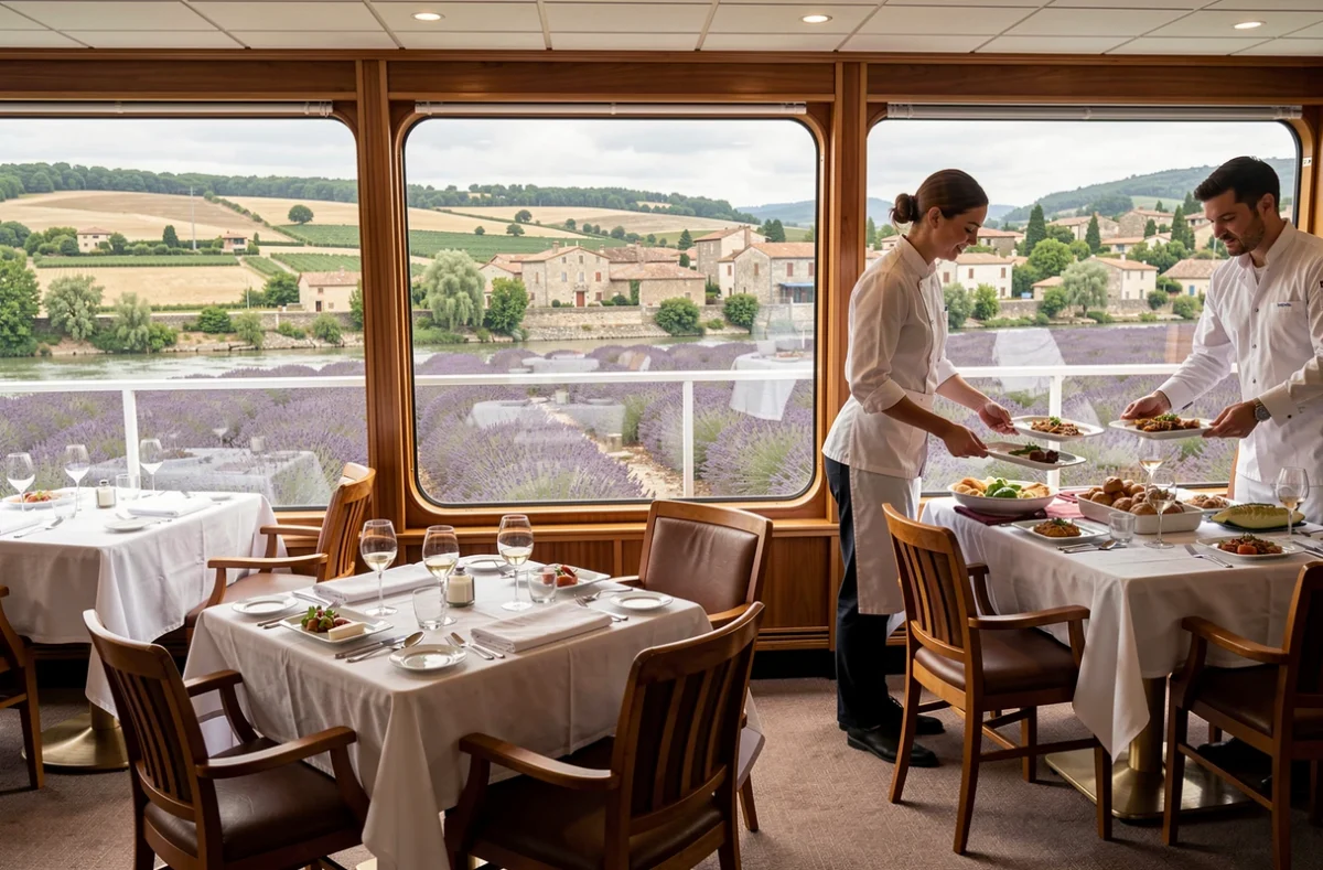 Salle à manger élégante d'un bateau de croisière fluviale sur le Rhône avec vue sur la Provence