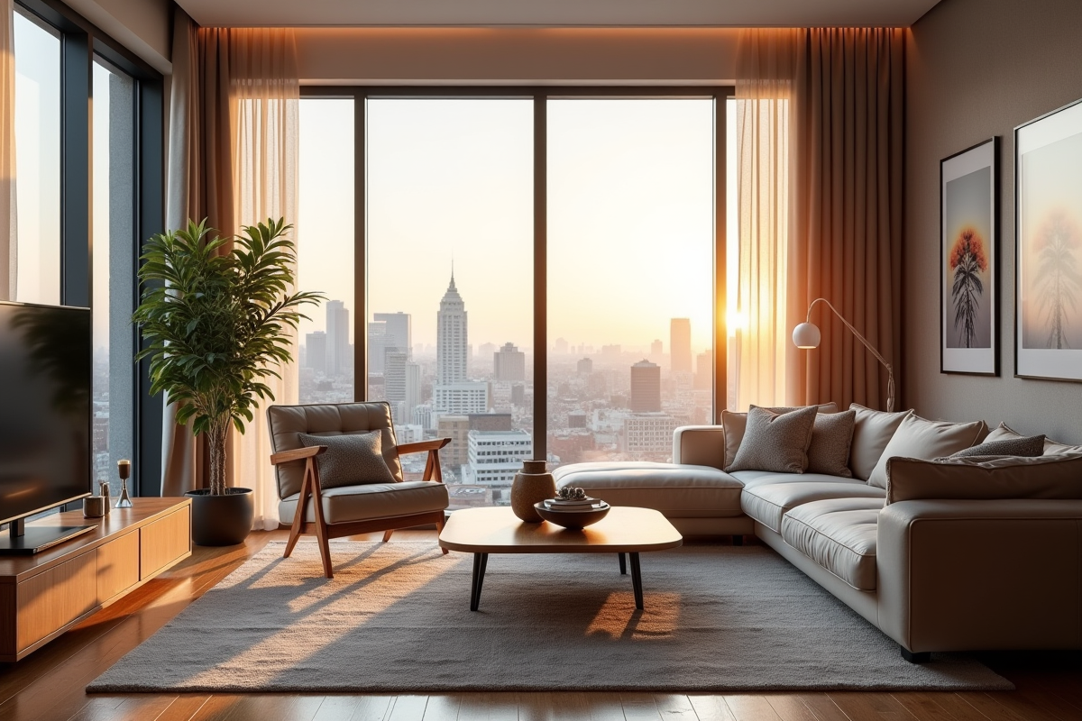 Salon moderne et cosy dans une location de vacances lumineuse
