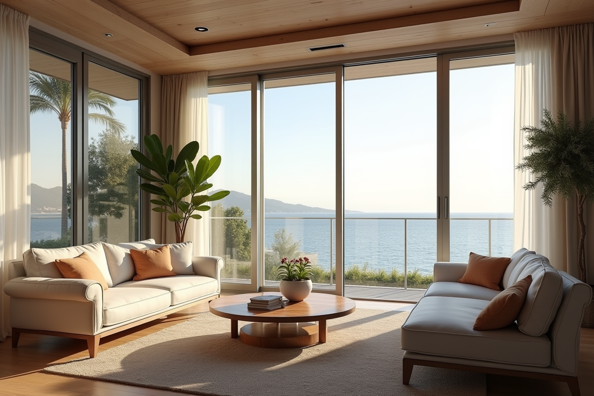 Salon moderne avec vue sur la mer et décoration chaleureuse