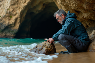Scientifique à la Cosquer examine la grotte sous-marine