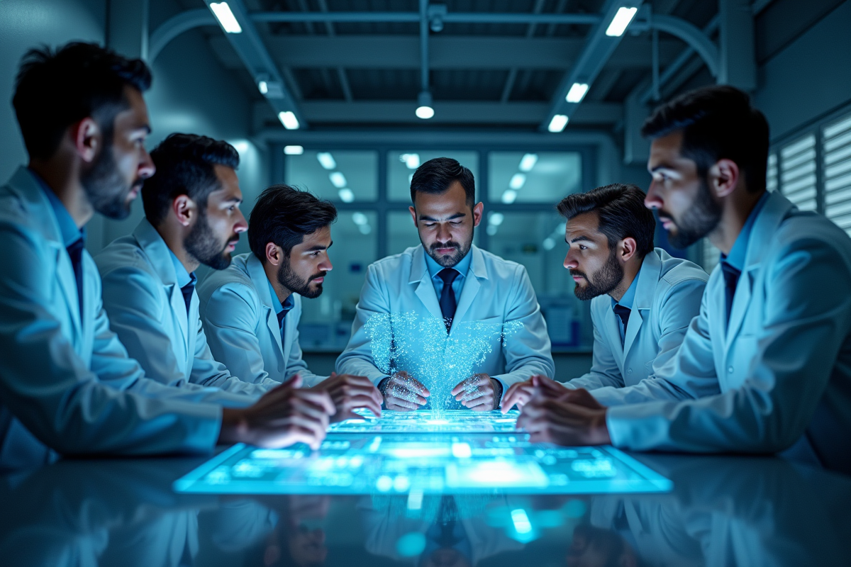 Scientifiques et ingénieurs collaborant dans un laboratoire hightech
