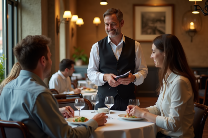 Serveur souriant avec note dans un restaurant italien
