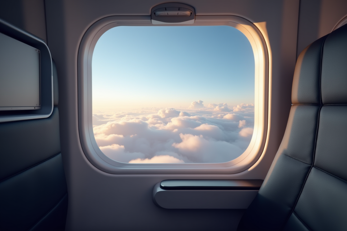 Vue depuis un siège d'avion avec nuages et ciel lumineux