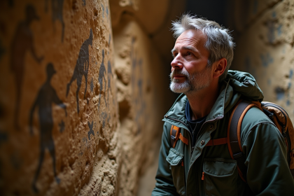 Sp&eacute;l&eacute;ologue examinant une fresque pr&eacute;historique dans la grotte Cosquer