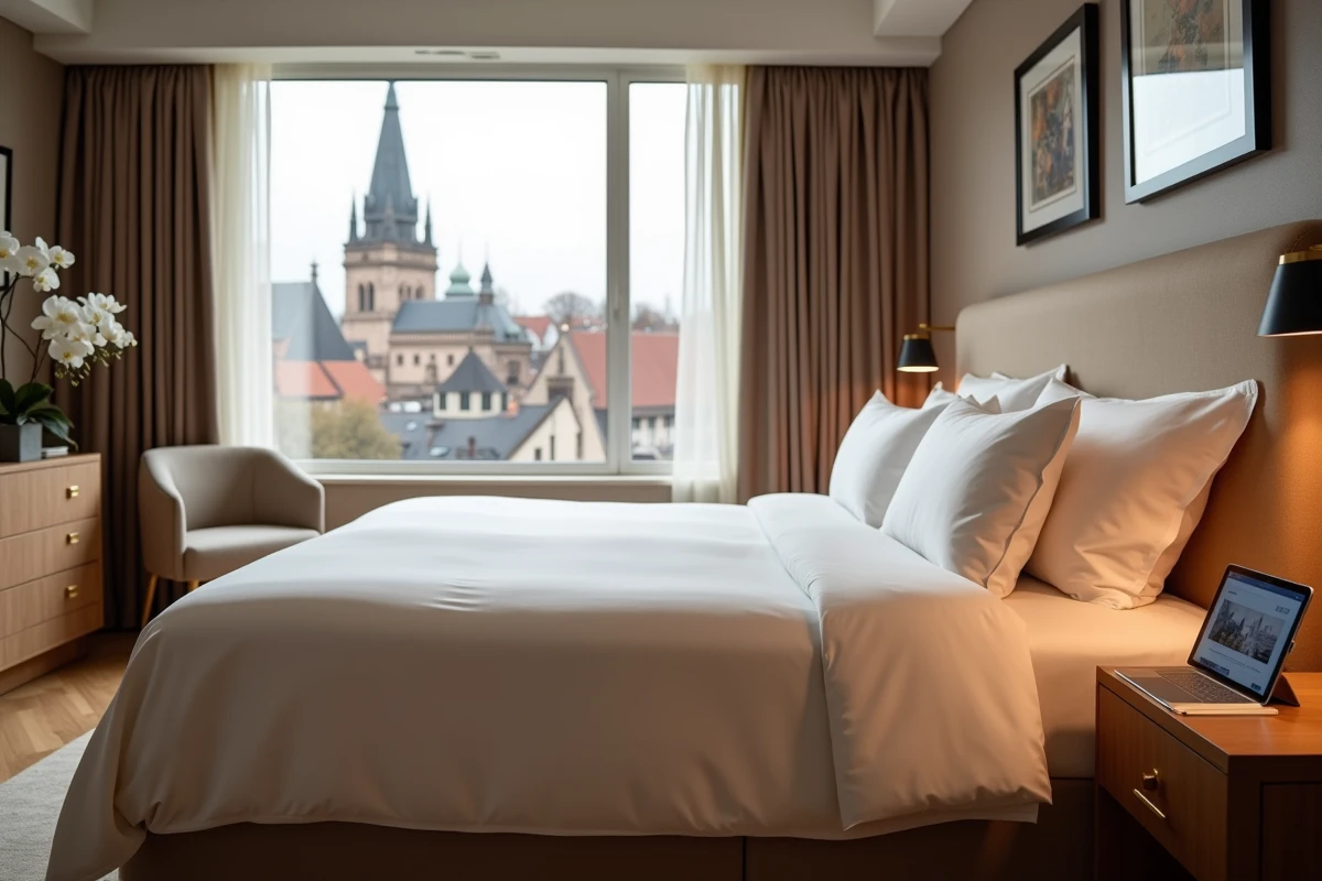 Suite luxueuse d'un hôtel 5 étoiles à Strasbourg avec vue sur la cathédrale et confirmation de réservation sur tablette