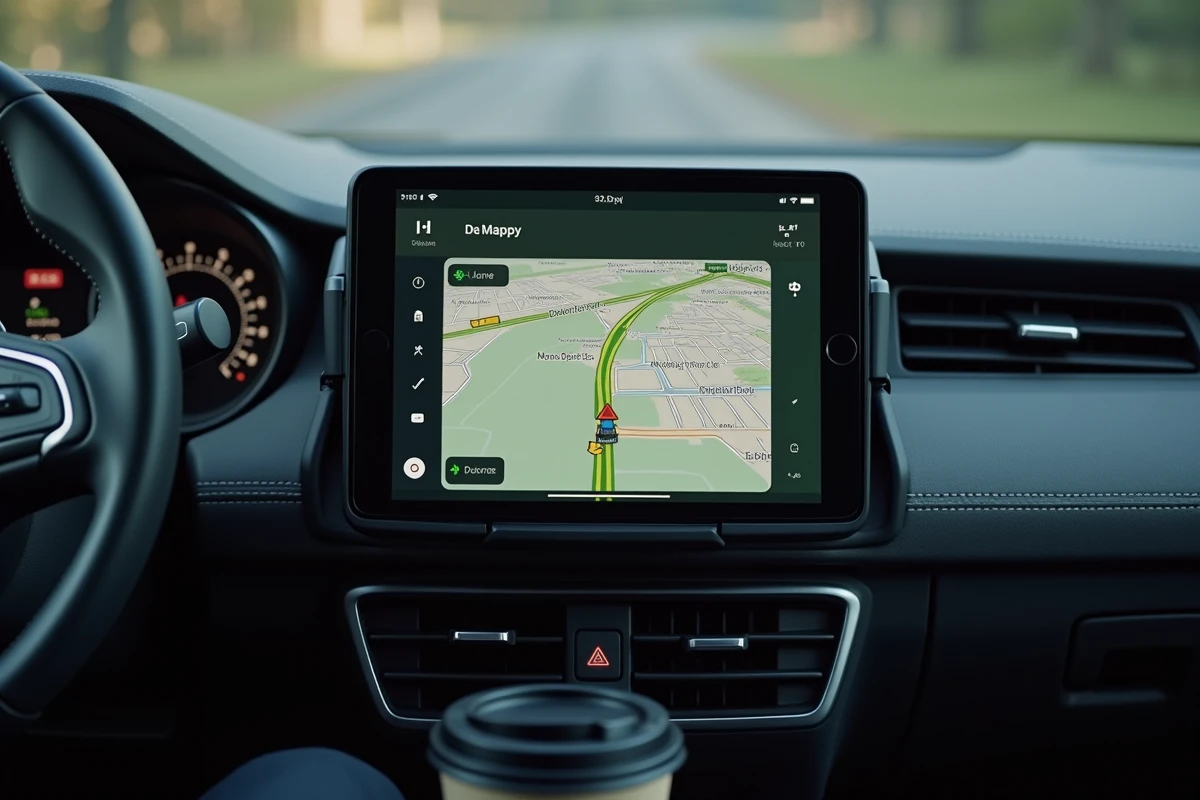 Tableau de bord de voiture avec l'application Mappy affichant un itinéraire vert et économique sur une tablette
