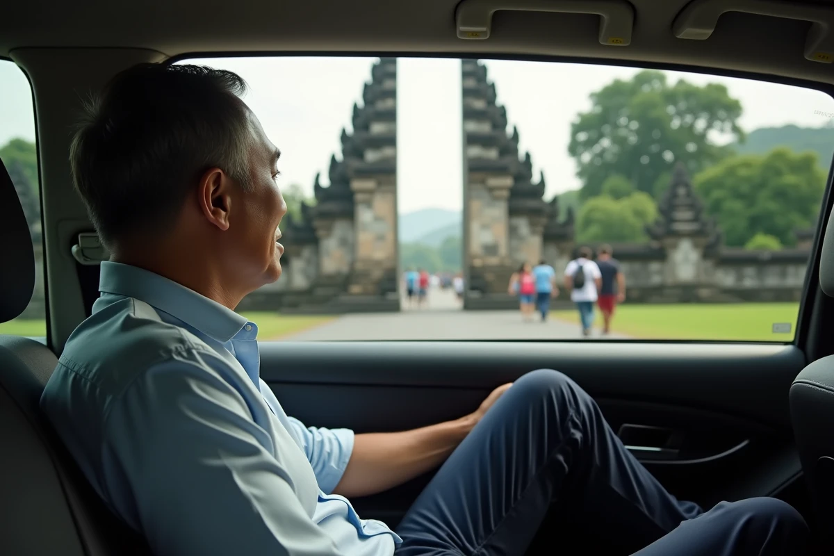 Homme dans la voiture devant le temple Taman Ayun