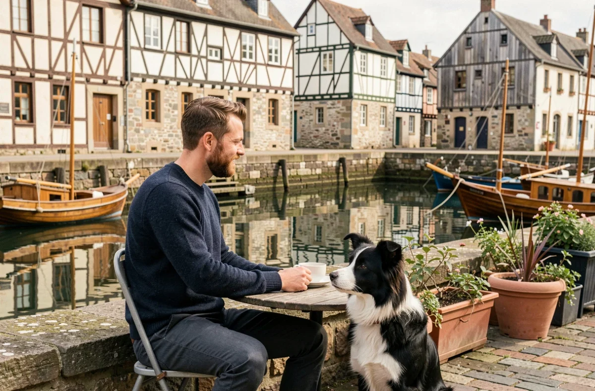 Homme et son border collie attablés en terrasse d'un café pet friendly face au Vieux-Bassin de Honfleur