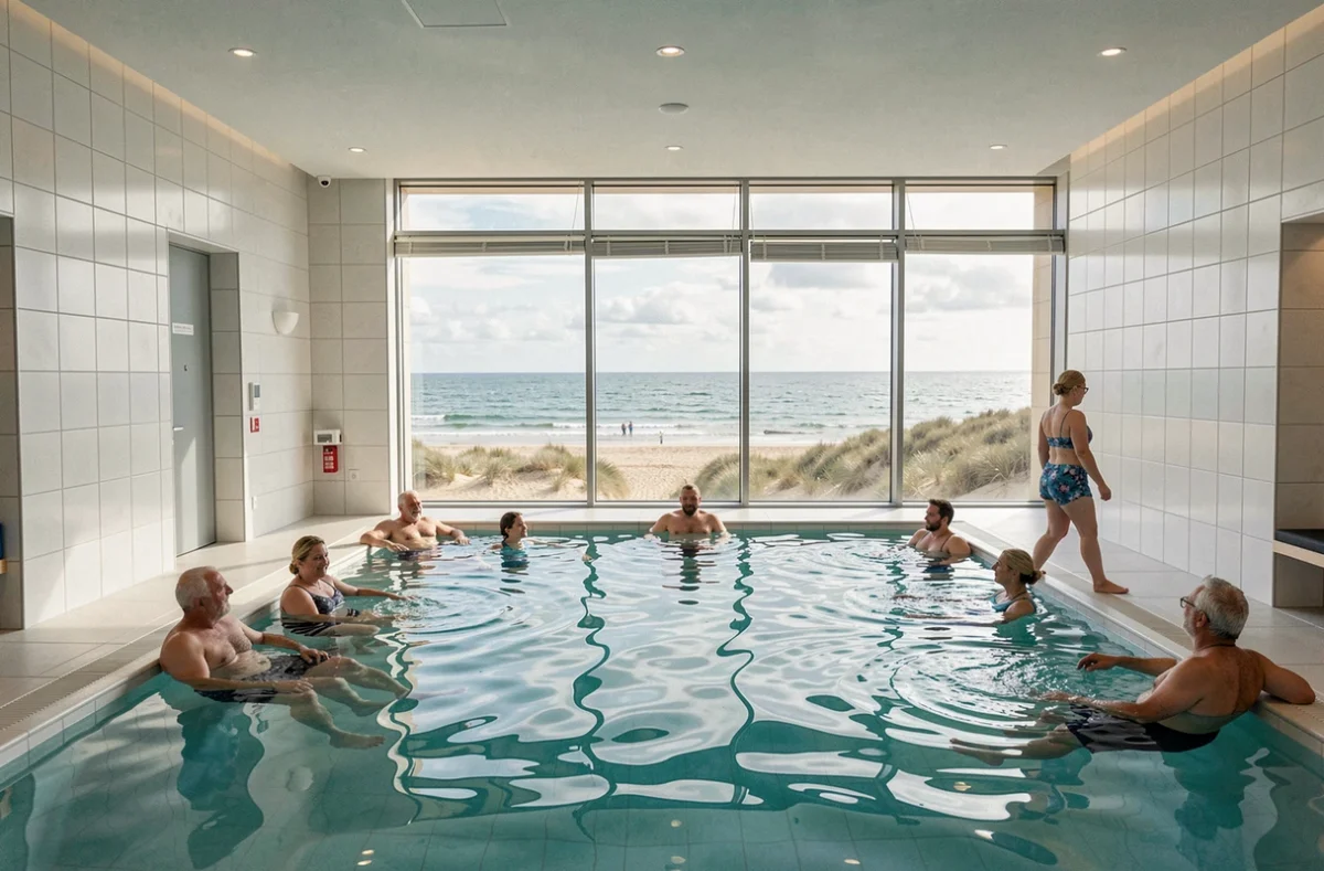 Piscine d'eau de mer intérieure du Thalazur Cabourg avec vue panoramique sur la plage et la Manche à travers de grandes baies vitrées