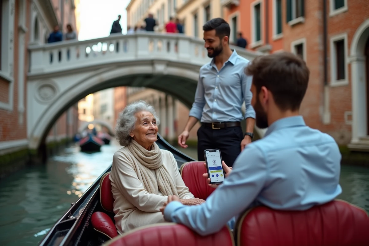 Touriste âgée utilisant son smartphone pour payer en gondola