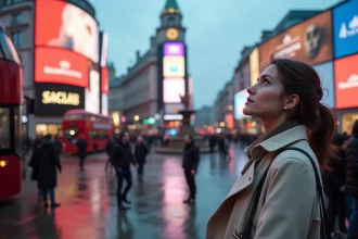 Jeune femme touriste à Piccadilly Circus Londres regardant les enseignes publicitaires illuminées avec un budget limité
