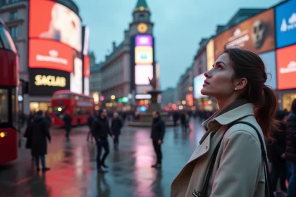 Jeune femme touriste à Piccadilly Circus Londres regardant les enseignes publicitaires illuminées avec un budget limité
