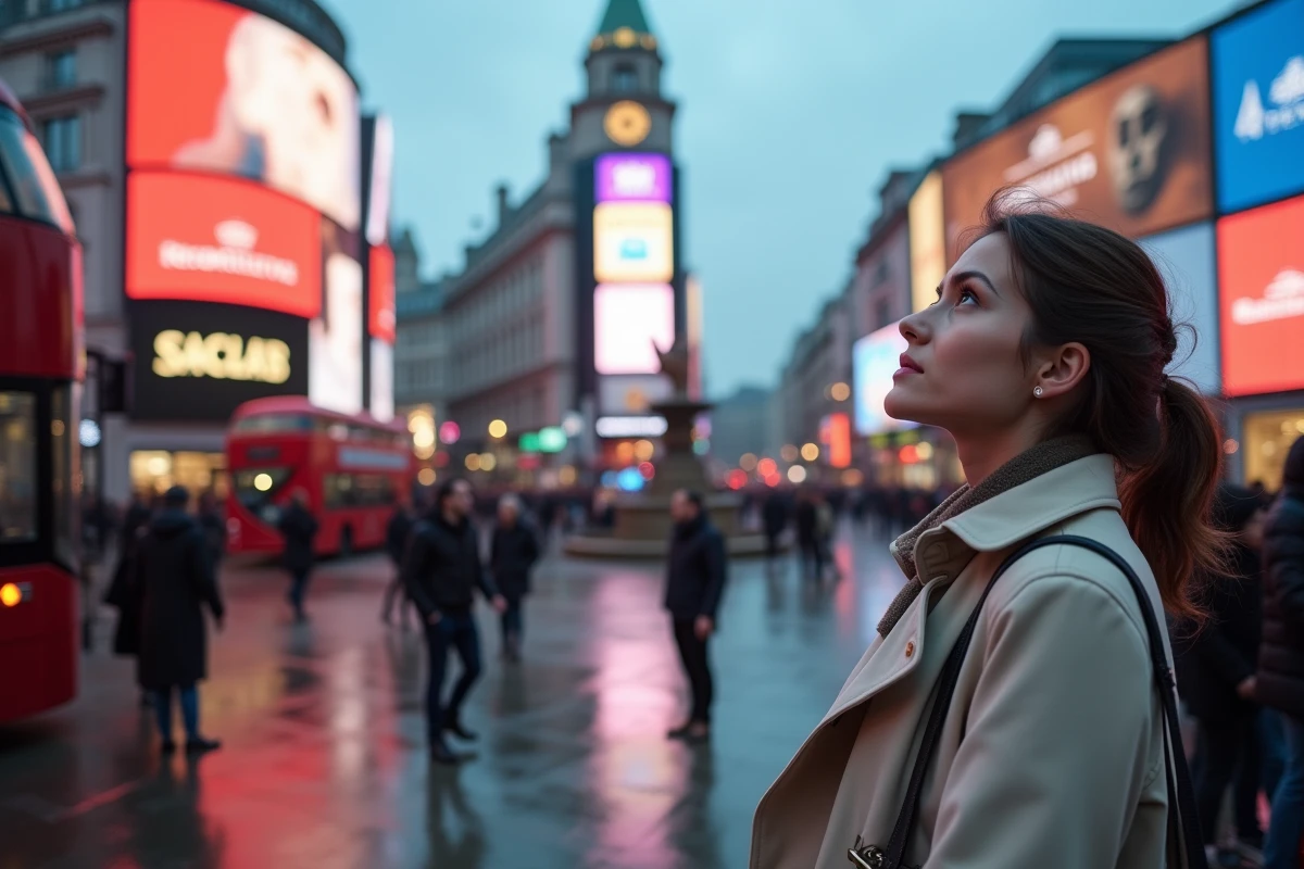 Jeune femme touriste à Piccadilly Circus Londres regardant les enseignes publicitaires illuminées avec un budget limité