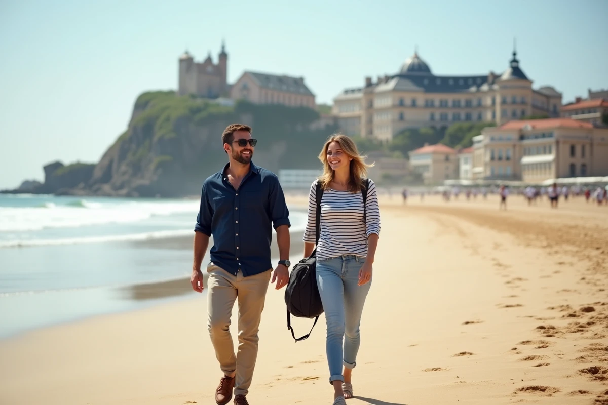 Couple de touristes se promenant sur la Grande Plage de Biarritz avec le Rocher de la Vierge en arrière-plan