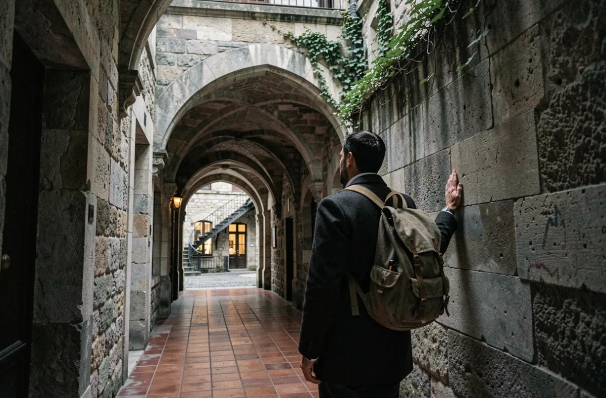 Voyageur solitaire explorant une traboule voûtée du quartier Croix-Rousse à Lyon de nuit, entre pierres anciennes et atmosphère mystérieuse