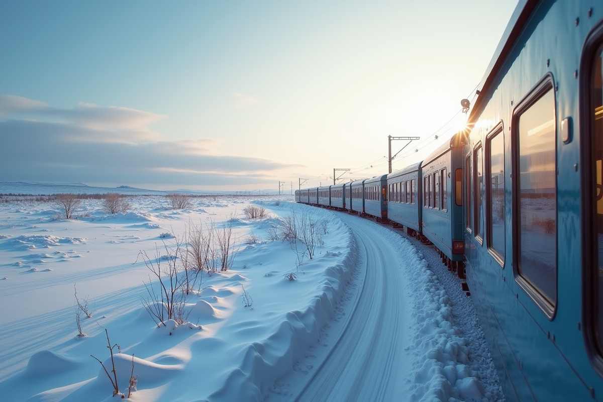 Train moderne dans la Siberie enneigee vue depuis la fenetre
