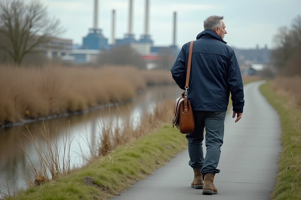 Ouvrier traversant un chemin naturel au bord d'une rivière à Pétange Luxembourg entre nature et lieu de travail