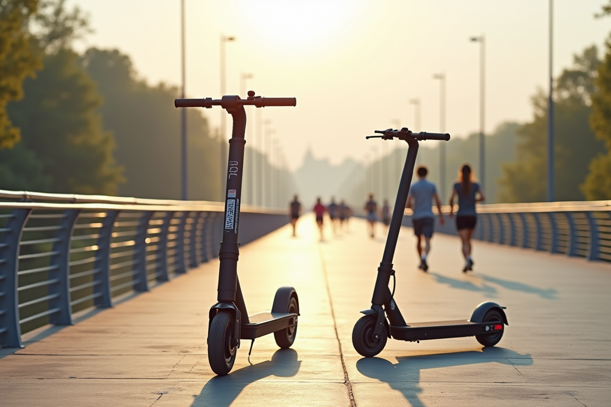 Trottinette électrique et skateboard sur un pont au matin