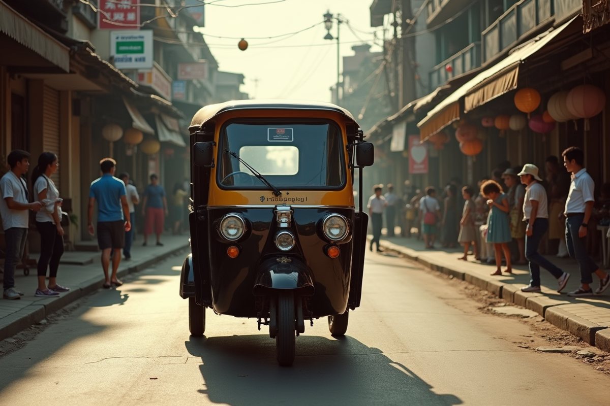 Ancien tuktuk dans une rue animée de Bangkok dans les années 40