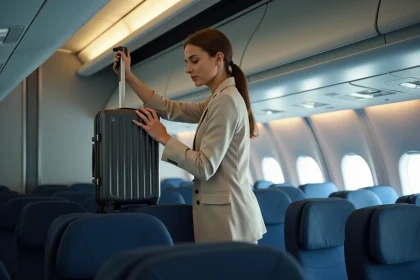Femme plaçant une valise cabine Air France dans le compartiment supérieur d'un avion
