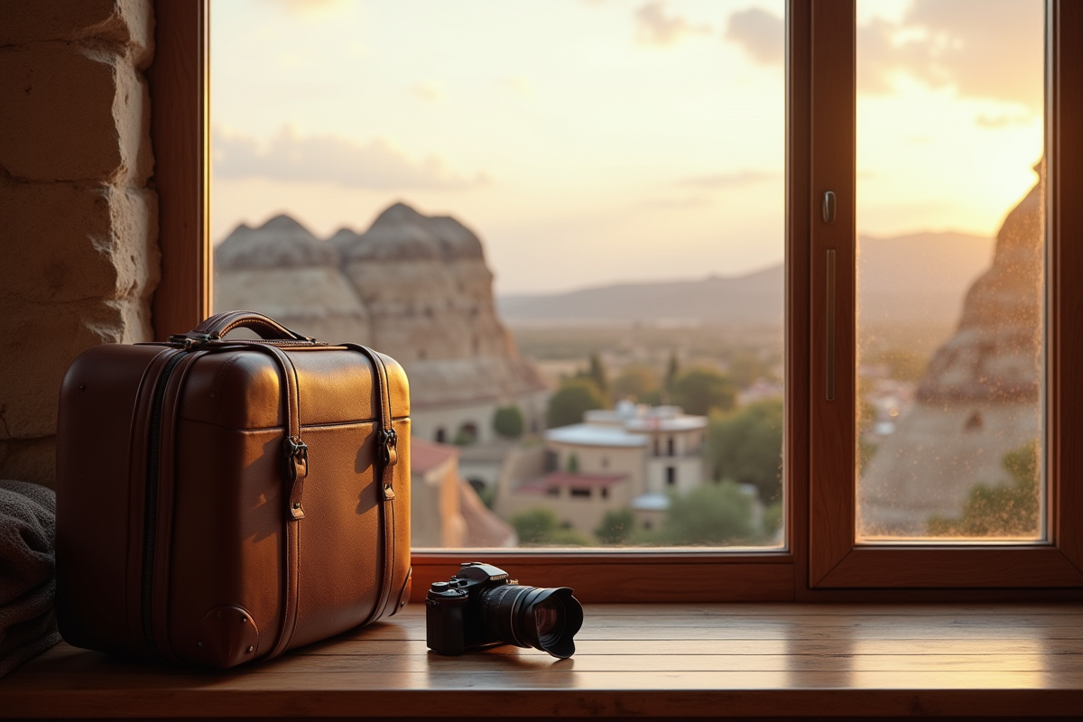 Valise et appareil photo sur une table avec vue panoramique en Cappadoce
