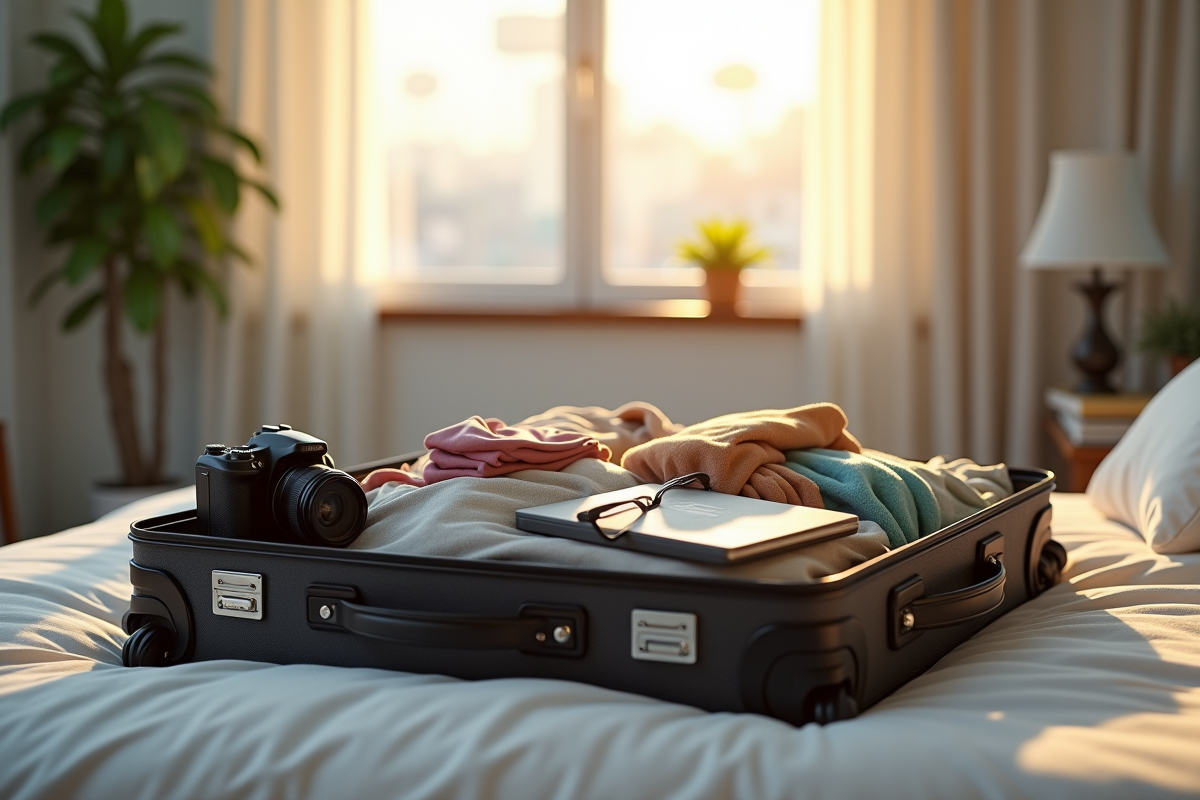 Valise ouverte avec accessoires de voyage dans un appartement lumineux