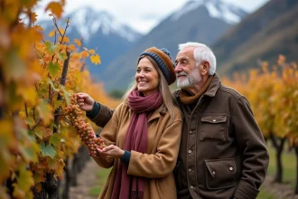 Femme et homme âgés dans la vigne en automne en Vallée d'Aoste