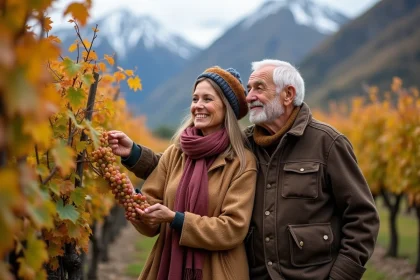 Femme et homme &acirc;g&eacute;s dans la vigne en automne en Vall&eacute;e d'Aoste