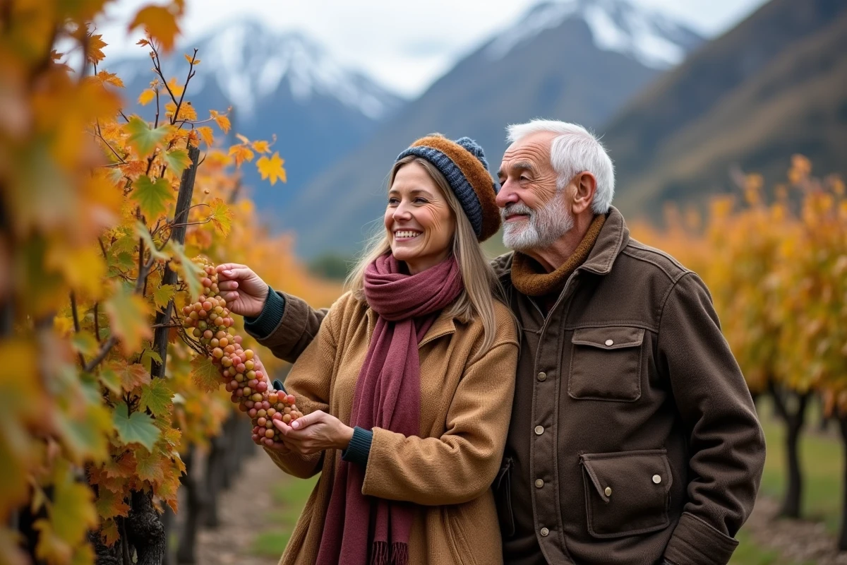 Femme et homme âgés dans la vigne en automne en Vallée d'Aoste