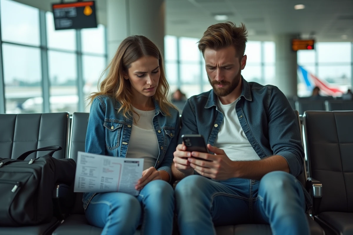 Couple vérifiant les délais d'enregistrement Air France sur un smartphone dans le salon de départ de l'aéroport