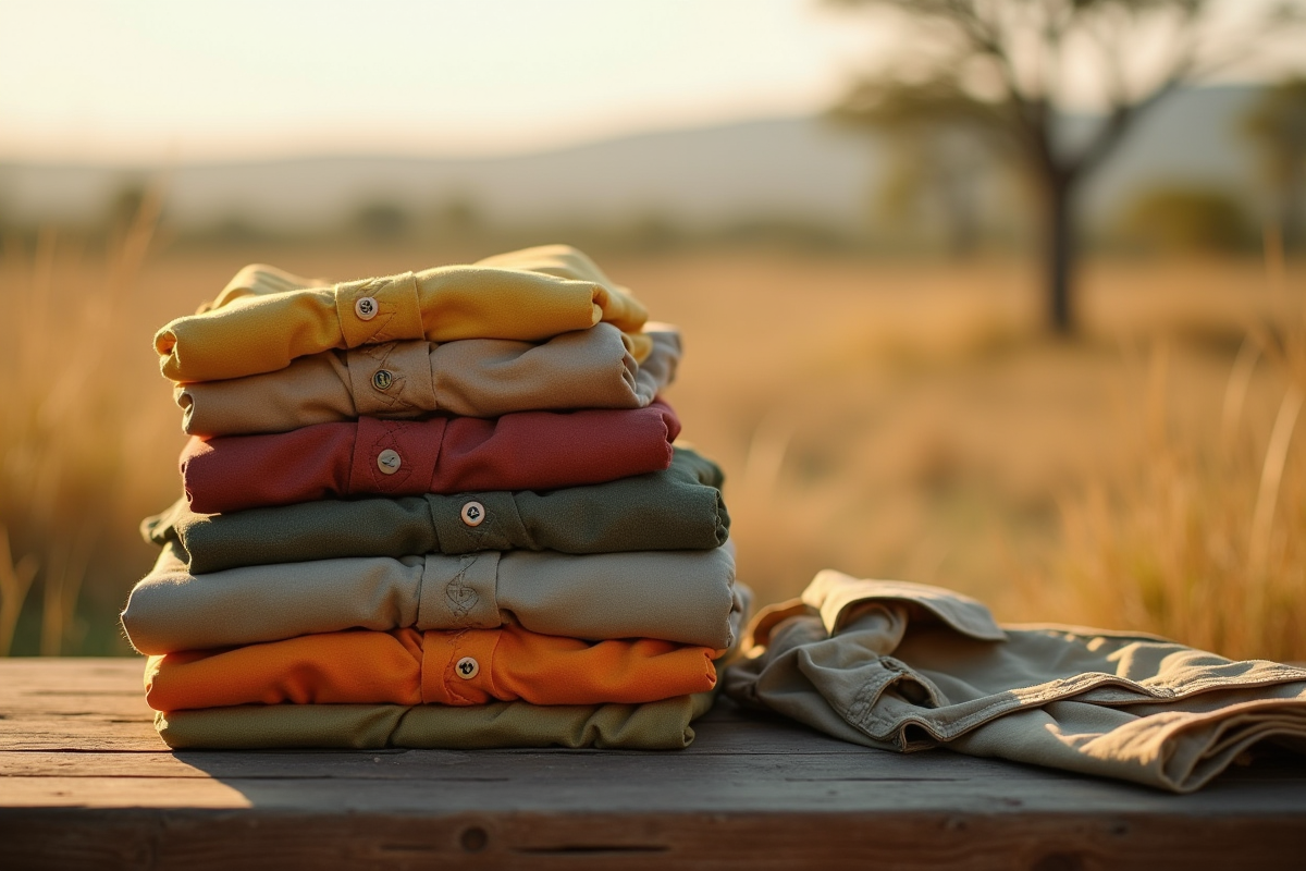 Vêtements de safari pliés sur un banc en plein air avec paysage