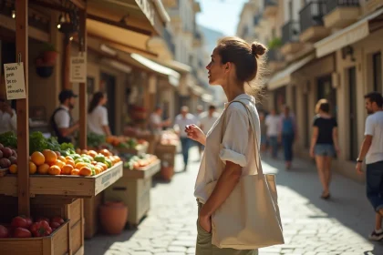 Une femme étrangère face à une pancarte en grec dans un marché de rue à Athènes, illustrant les défis de la barrière linguistique au quotidien