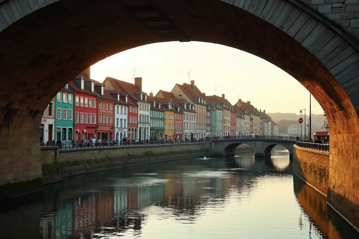 Maisons à colombages basques colorées le long des quais de la Nive à Bayonne, pont en pierre au premier plan
