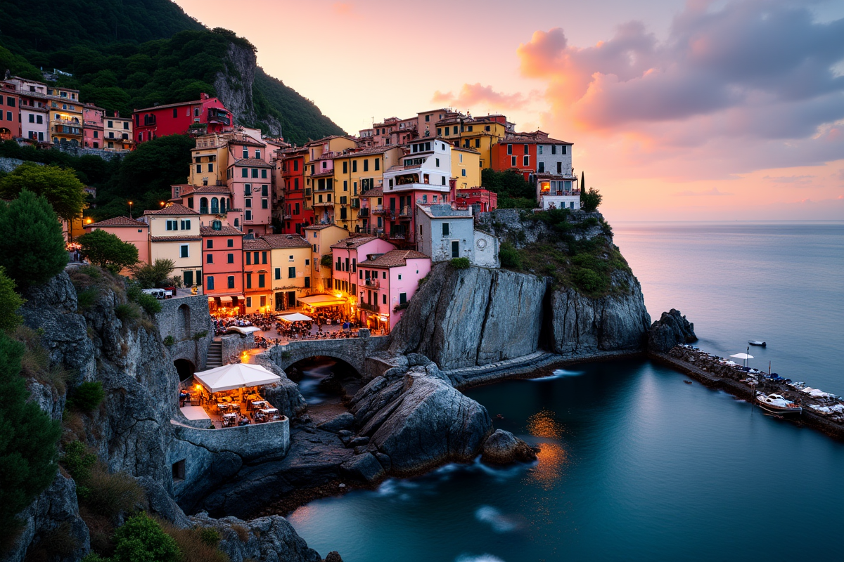 Village méditerranéen au coucher de soleil avec maisons colorées et mer bleue