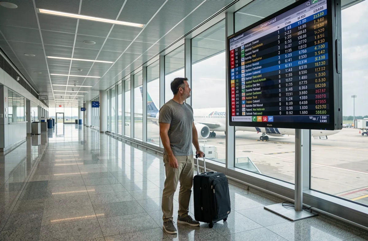 Voyageur consultant le tableau des départs dans un aéroport international pour un vol long-courrier vers Bali