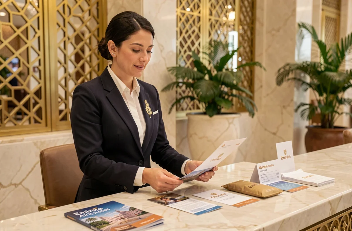 Hôtesse Emirates présentant un forfait tout compris à la réception d'un hôtel de luxe à Dubaï