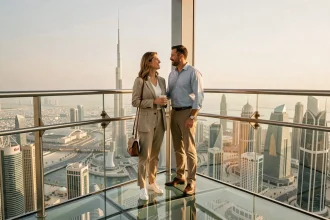 Couple en voyage à Dubaï admirant le skyline depuis un gratte-ciel avec vue sur le Burj Khalifa