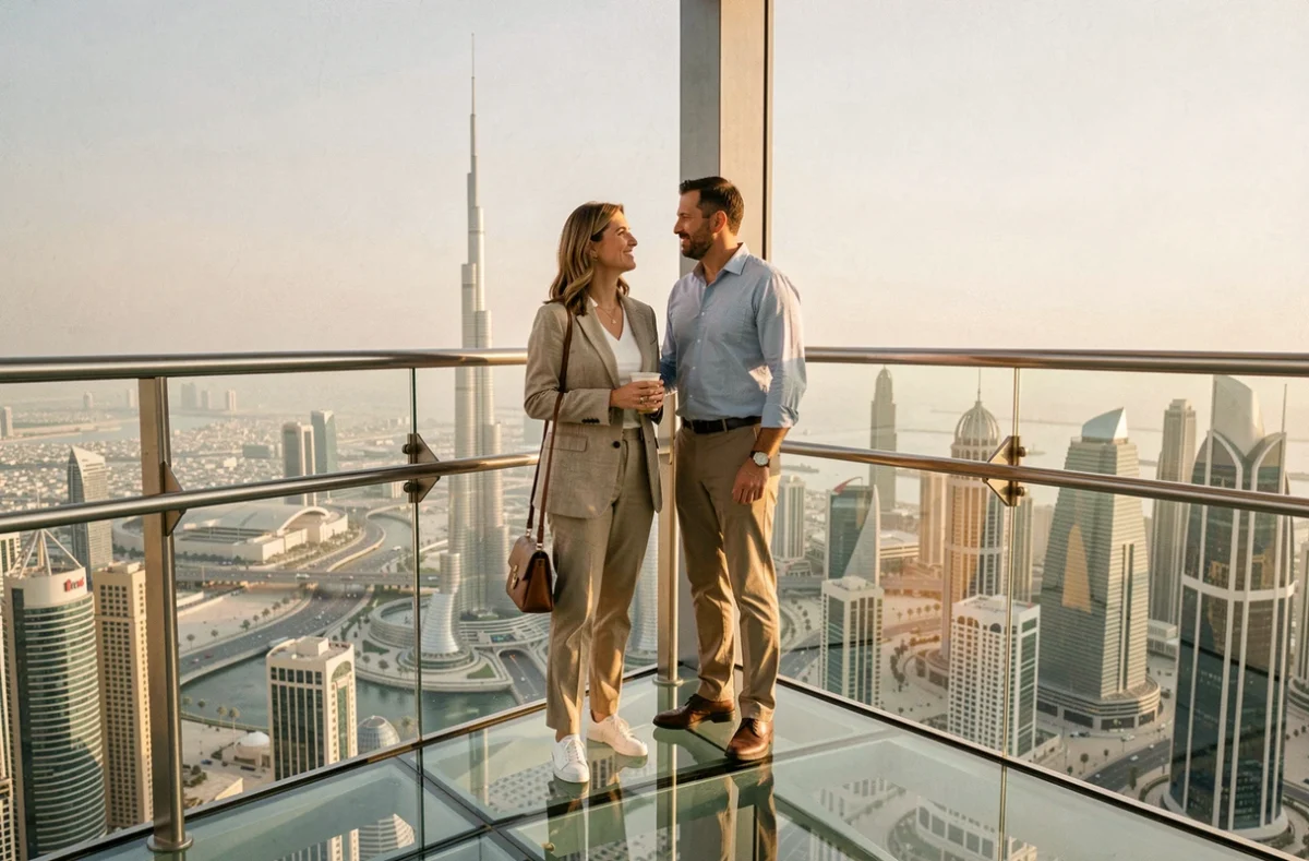 Couple en voyage à Dubaï admirant le skyline depuis un gratte-ciel avec vue sur le Burj Khalifa