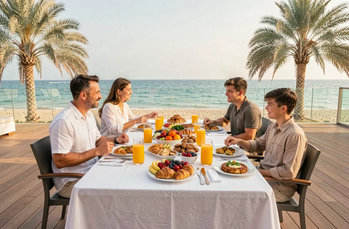 Famille profitant d'un petit-déjeuner tout compris en bord de mer dans un resort de luxe à Dubaï