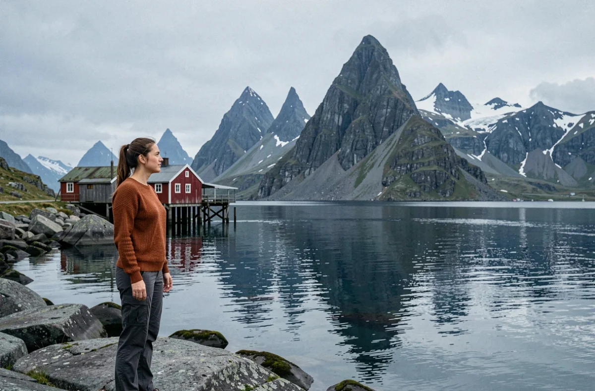 Femme en pull en laine contemplant les montagnes et les fjords des îles Lofoten en Norvège, avec des cabanes de pêcheurs rouges traditionnelles en arrière-plan
