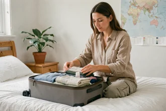 Femme préparant un bagage minimaliste pour un voyage responsable avec un sac cabine et des accessoires écologiques
