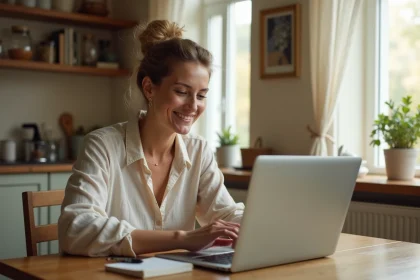 Femme planifiant un voyage tout compris derni&egrave;re minute sur un ordinateur portable &agrave; la maison