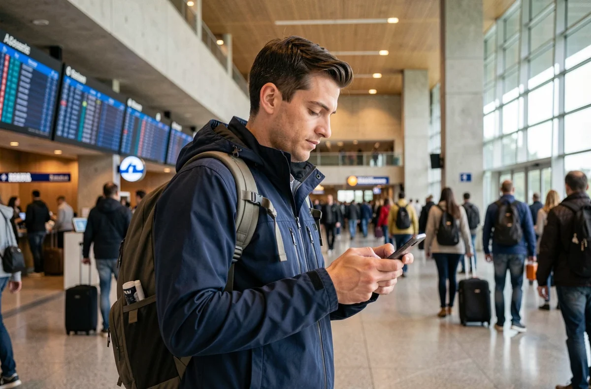 Voyageur connecté via eSIM dans un aéroport international sans recourir au Wi-Fi public