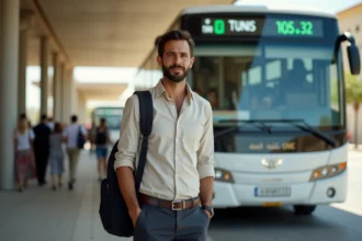Voyageur tunisien debout devant un bus intercités à destination de Monastir ou Tunis, tenant un itinéraire de voyage dans une gare routière
