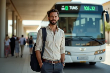 Voyageur tunisien debout devant un bus intercités à destination de Monastir ou Tunis, tenant un itinéraire de voyage dans une gare routière