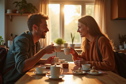 Voyageur souriant partageant un thé avec un hôte dans une cuisine chaleureuse