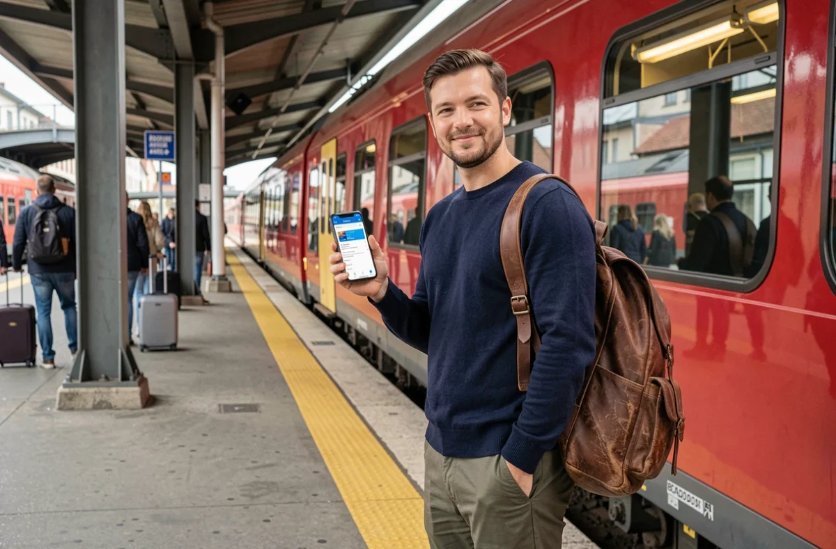 Voyageur tenant un pass Eurorail numérique sur smartphone sur un quai de gare européenne